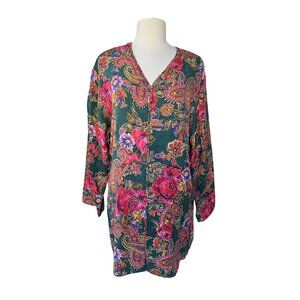 Vintage 90s Victorias Secret Floral Silk Damask Tunic Dress Green Pink Medium